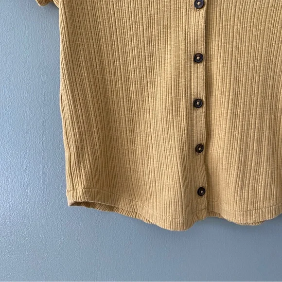 Madewell Pointelle Button-Front Slim Tee, Gold Color with Brown Buttons, Size S - Picture 5 of 11